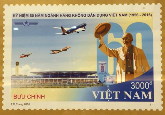 Hình ảnh tem được phát hành nhân dịp kỷ niệm 60 ngành Hàng không dân dụng Việt Nam.