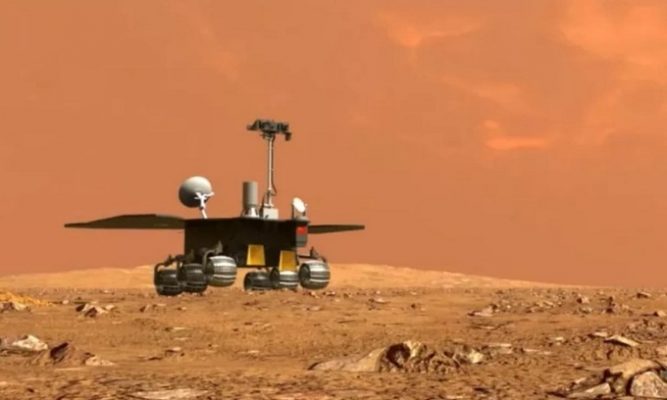 Mô phỏng tàu thám hiểm Chúc Dung lăn bánh trên sao Hỏa. Ảnh: CNSA.