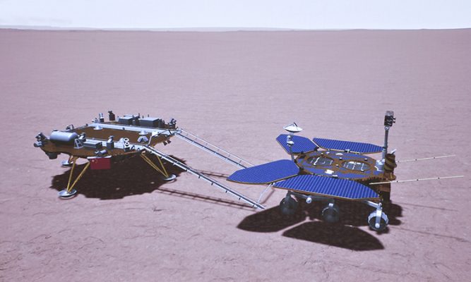 Mô phỏng robot thăm dò Chúc Dung lăn bánh trên sao Hỏa. Ảnh: CNSA.