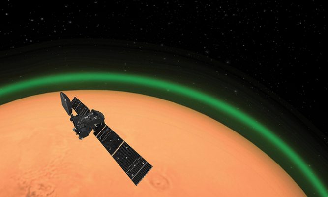 Đồ họa mô phỏng tàu quỹ đạo ExoMars và dải sáng xanh trên bầu khí quyển sao Hỏa. Ảnh: ESA.