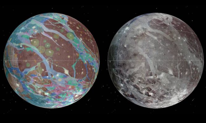 Bản đồ tổng hợp màu (trái) và địa chất (phải) của mặt trăng Ganymede, lập bằng ảnh từ các tàu vũ trụ Voyager và Galileo. Ảnh: Trung tâm Khoa học Địa chất học hành tinh USGS/Wheaton/NASA/JPL-Caltech.