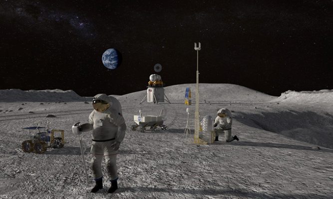 Mô phỏng các phi hành gia thực hiện nhiệm vụ trên Mặt Trăng trong sứ mệnh Artemis. Ảnh: NASA.