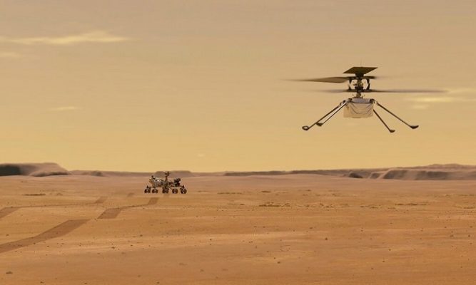 Mô phỏng trực thăng Ingenuity bay lơ lửng trên hành tinh đỏ. Ảnh: NASA.